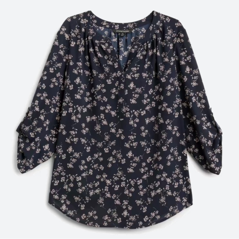 41 Hawthorn 3/4 sleeve blouse in navy blue with white flowers